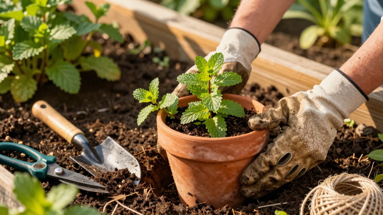Mãos com luvas a plantar uma erva aromática num vaso de barro dentro de uma caixa de cultivo.