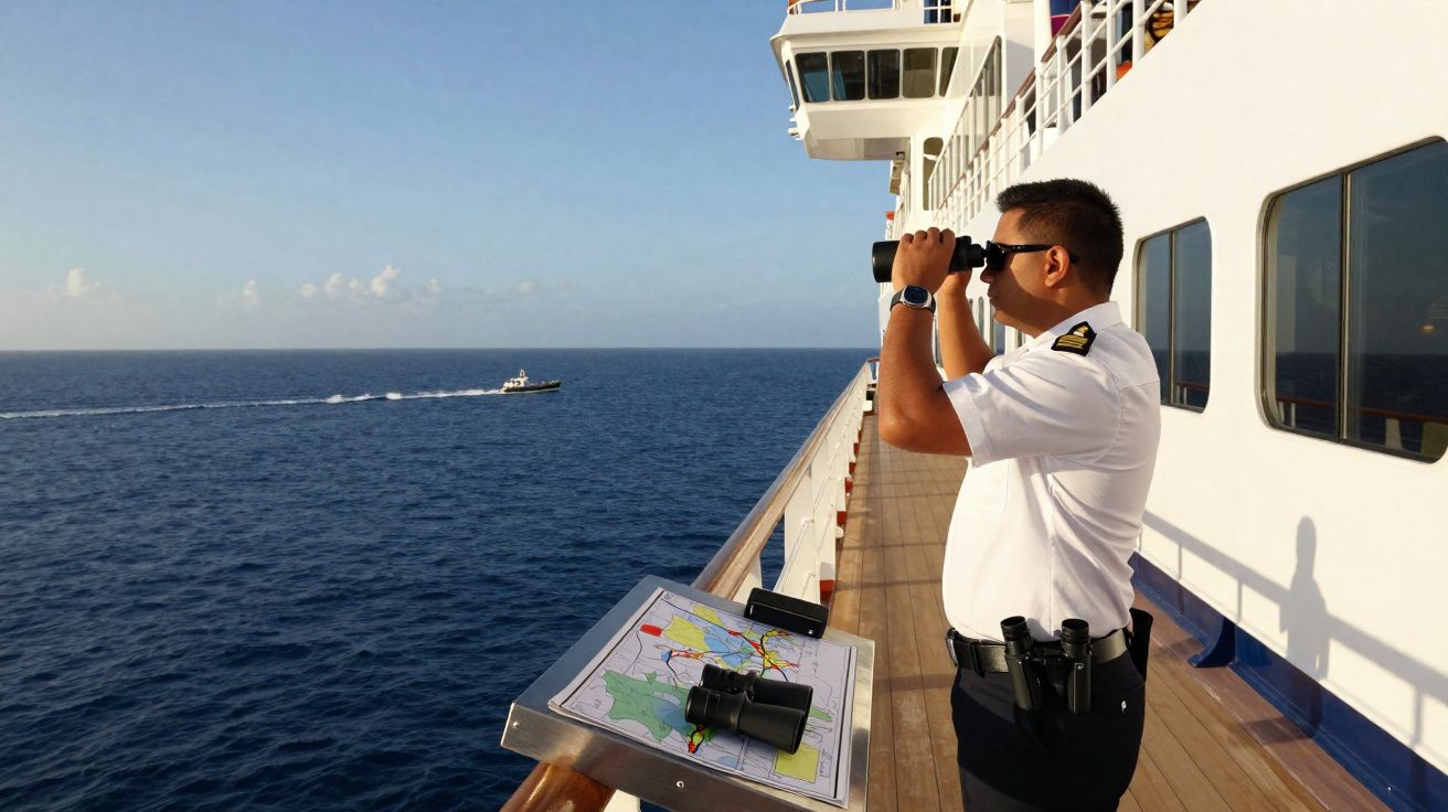Oficial de navio com uniforme branco observa o mar com binóculos no convés de um barco.