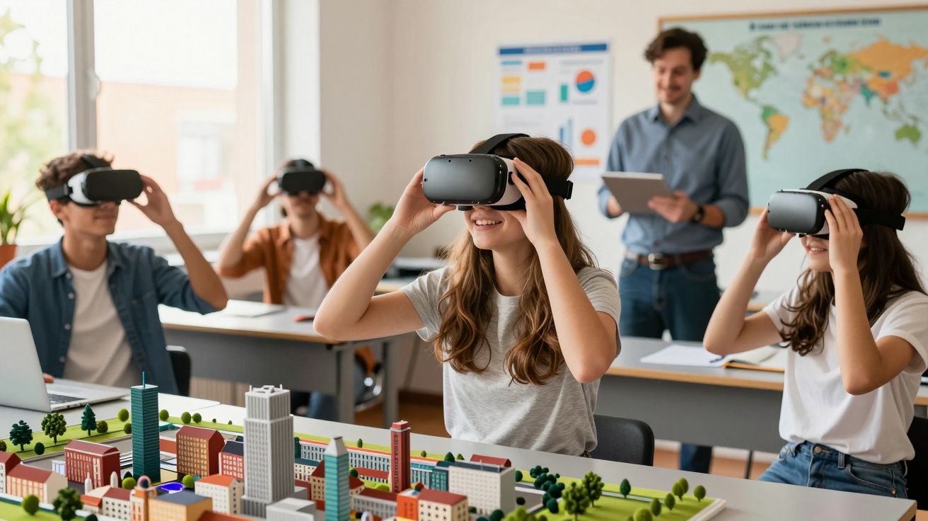 Estudantes numa sala de aula usando óculos de realidade virtual para explorar maqueta de cidade.