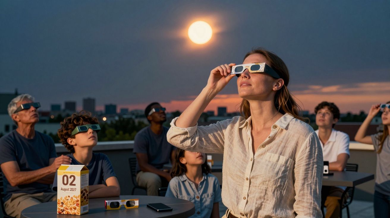 Grupo de pessoas a observar eclipse solar com óculos especiais ao entardecer numa área exterior.
