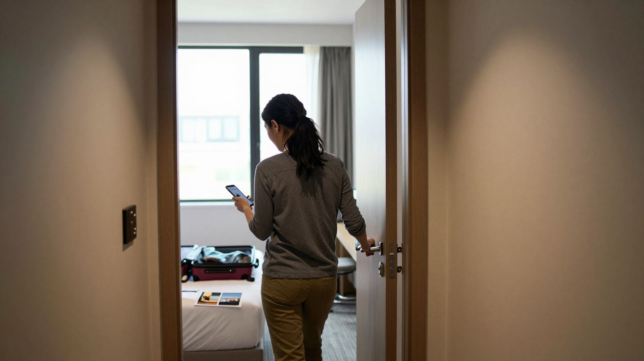 Pessoa entrando num quarto de hotel com mala aberta na cama e a olhar para o telemóvel.