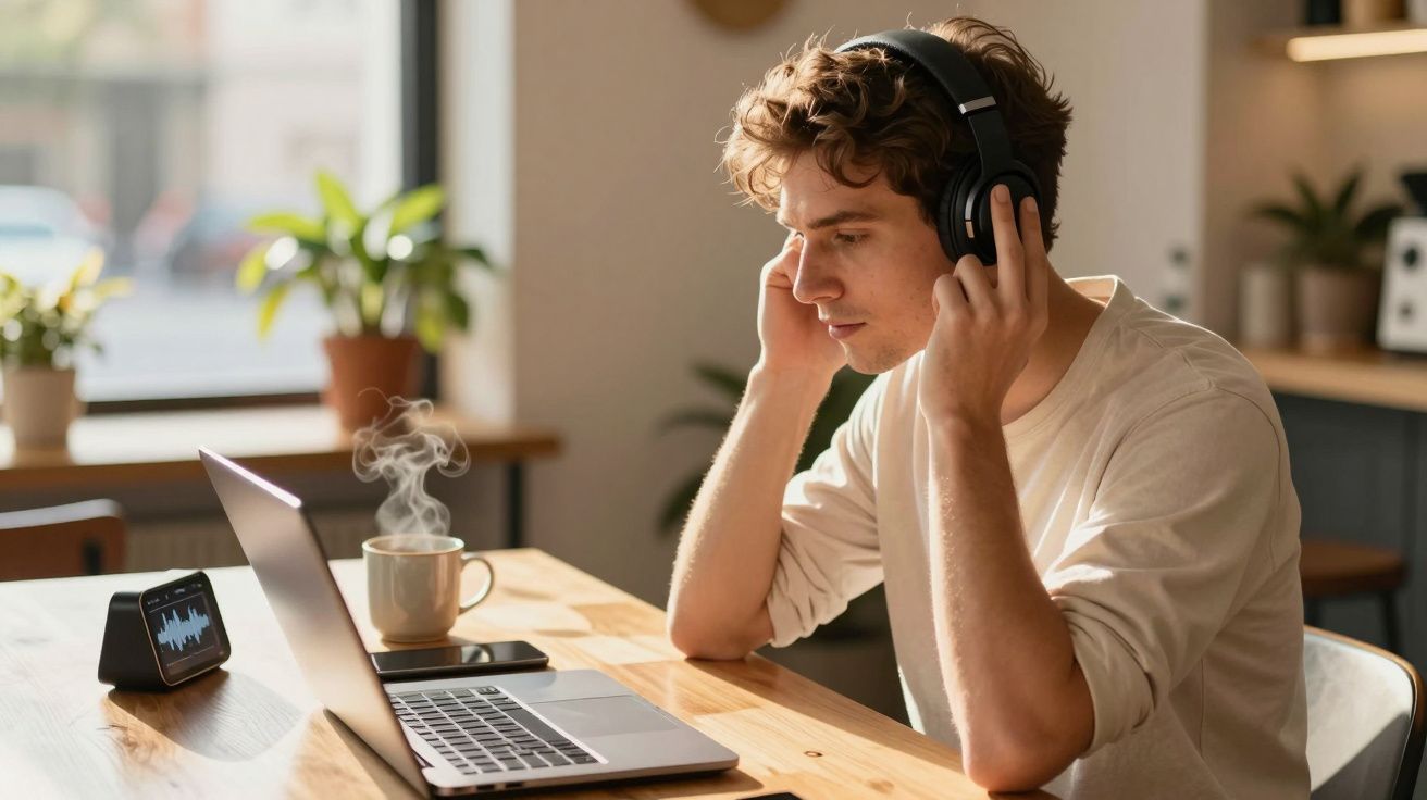 Jovem com auscultadores a olhar para um computador portátil numa mesa com chá quente e altifalante inteligente.