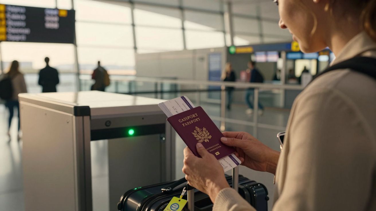 Pessoa a segurar passaporte e cartão de embarque próximo a portão de controlo num aeroporto.