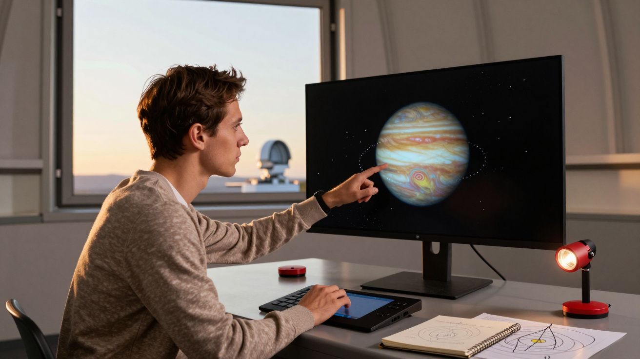 Homem sentado à secretária a estudar imagem de Júpiter no ecrã de um computador.