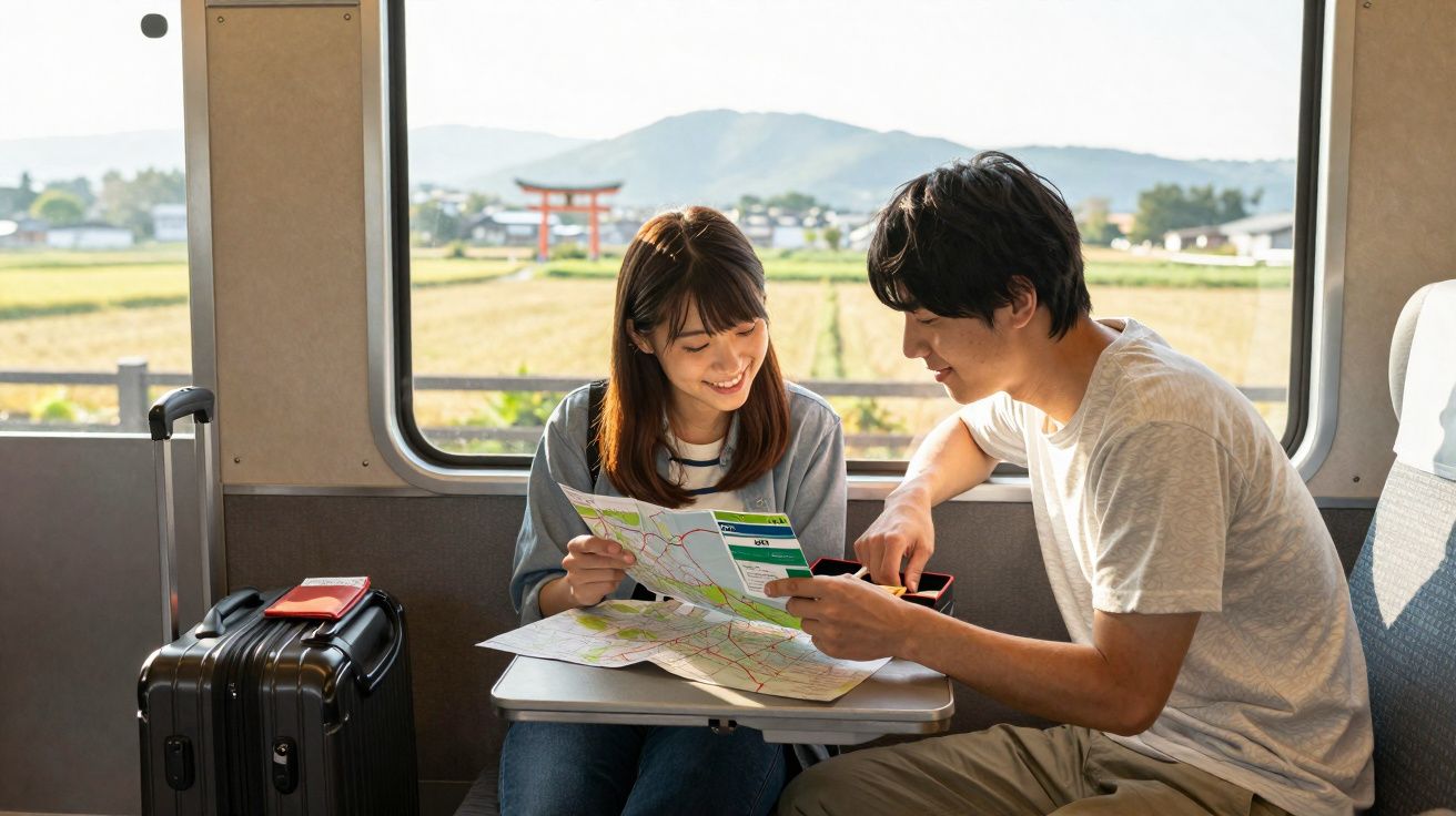 Casal jovem a planear viagem com mapa dentro de comboio, com mala preta ao lado e paisagem exterior.
