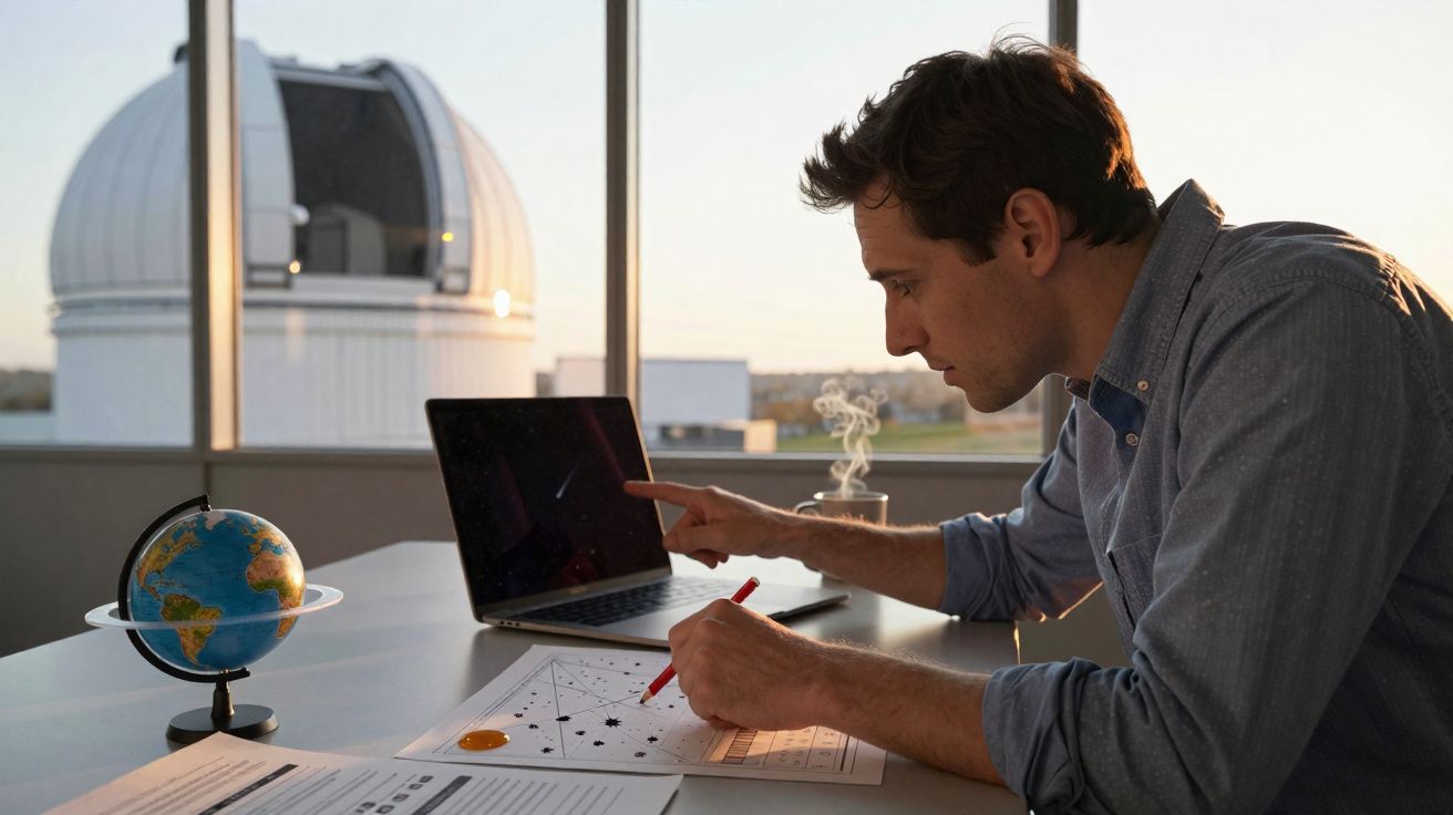 Homem a estudar mapas estelares com computador e globo terrestre numa sala com telescope ao fundo ao pôr do sol.