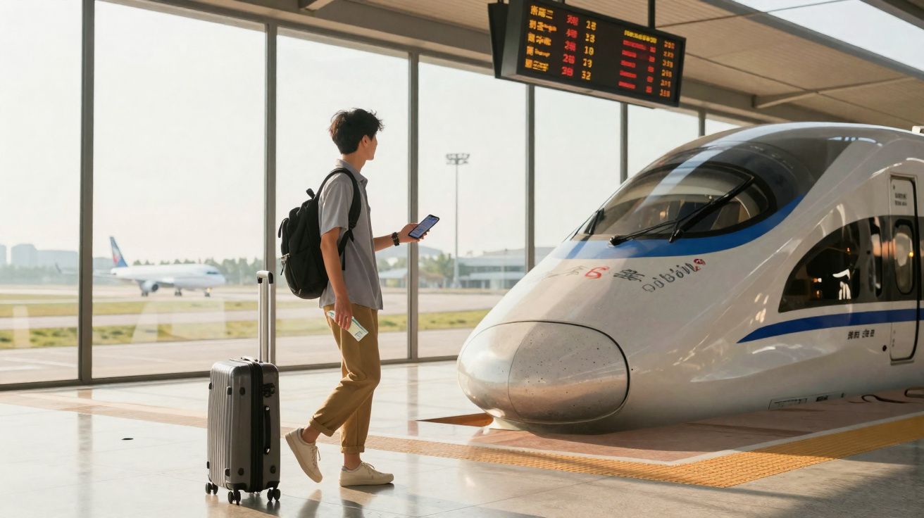 Jovem com mochila e mala vê ecrã de informação enquanto aguarda comboio de alta velocidade numa estação moderna.