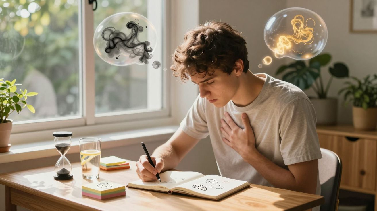 Jovem a desenhar num caderno, com balões de pensamento com formas abstratas brilhantes e escuras.