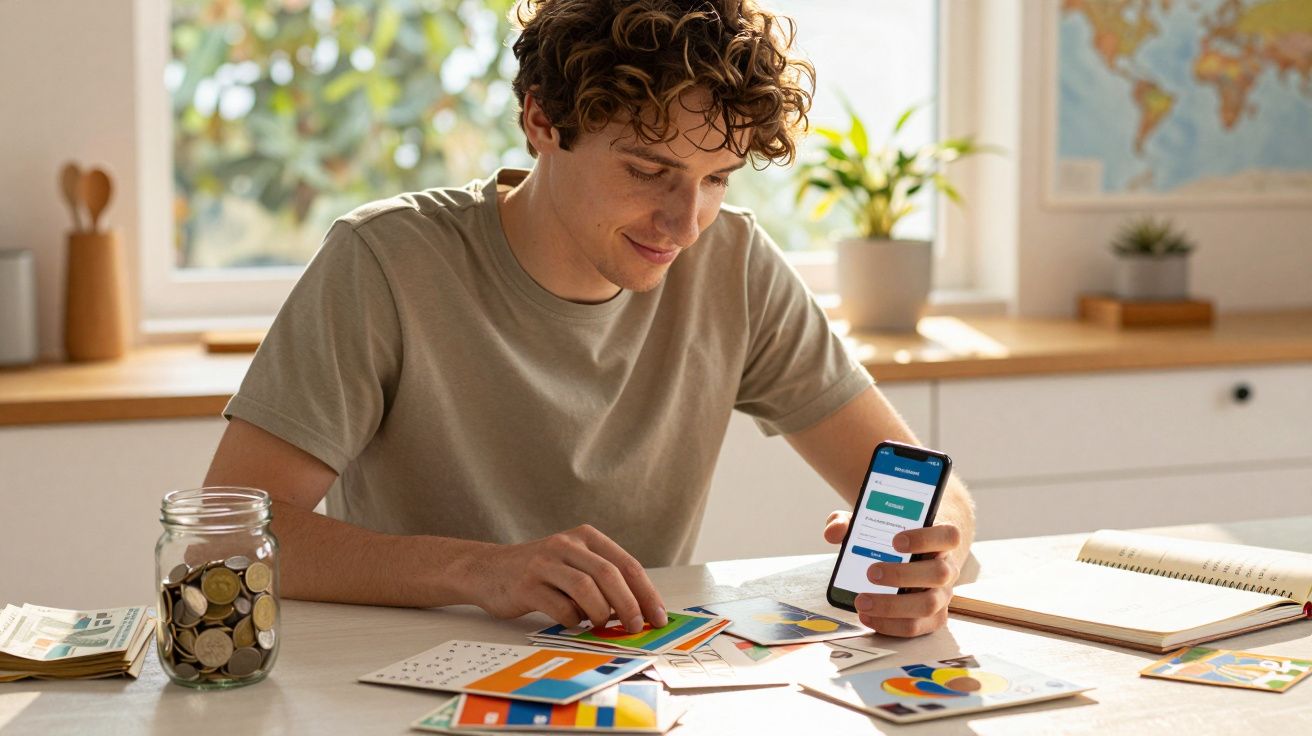 Jovem sentado à mesa a organizar cartões coloridos, segurando um telemóvel numa mão, com mealheiro cheio de moedas ao lado.