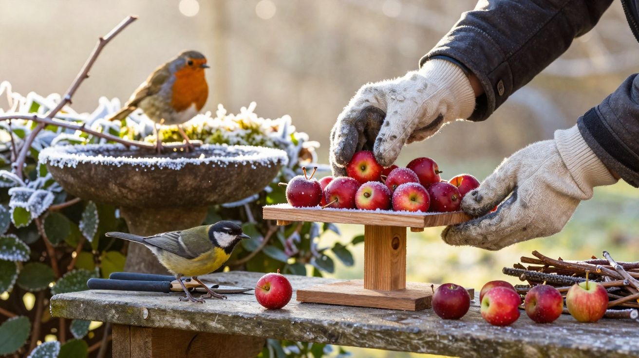 Mãos com luvas a colocar pequenas maçãs num comedouro de madeira para pássaros num jardim com aves nas proximidades.