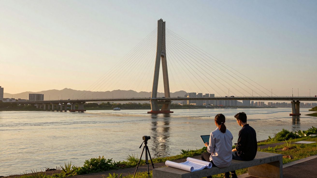 Duas pessoas sentadas numa bancada junto ao rio com equipamento fotográfico, ponte e cidade ao fundo ao pôr do sol.