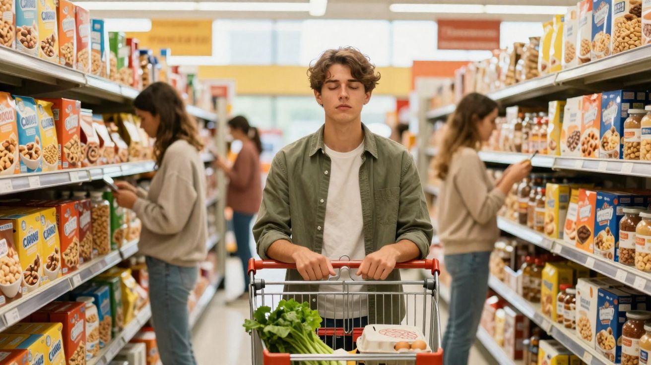 Jovem com os olhos fechados e carrinho de compras num supermercado, rodeado por outras pessoas a escolher produtos.