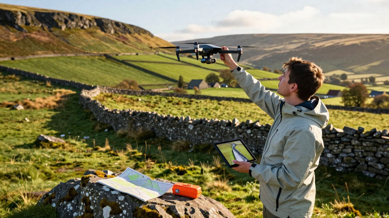 Homem a segurar um drone com uma mão e um tablet com a outra, ao ar livre em área rural com campos e muro de pedra.