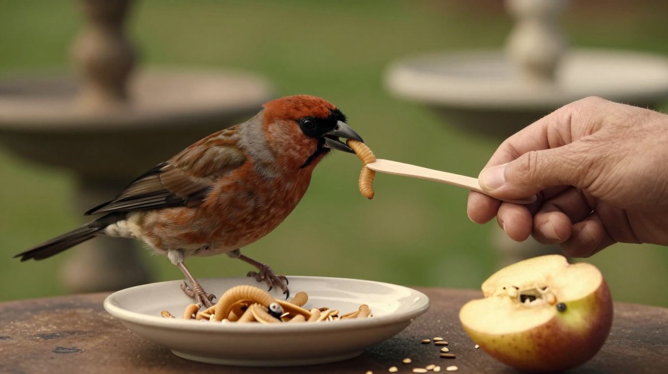 Pássaro a comer larvas servidas com uma espátula por uma mão humana, com maçã cortada ao lado.
