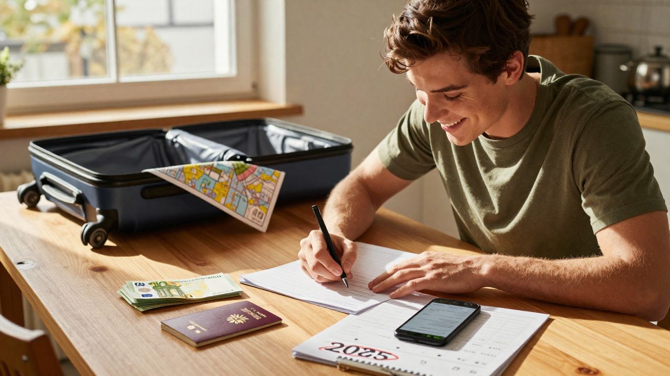 Homem a planear viagem junto a mala aberta, com passaporte, dinheiro e mapa sobre a mesa.