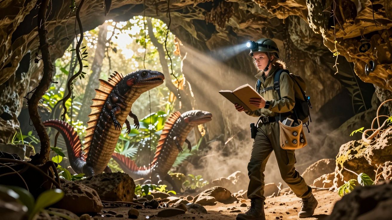 Exploradora com capacete e lanterna lê livro numa caverna, rodeada por dinossauros pequenos e luz solar.