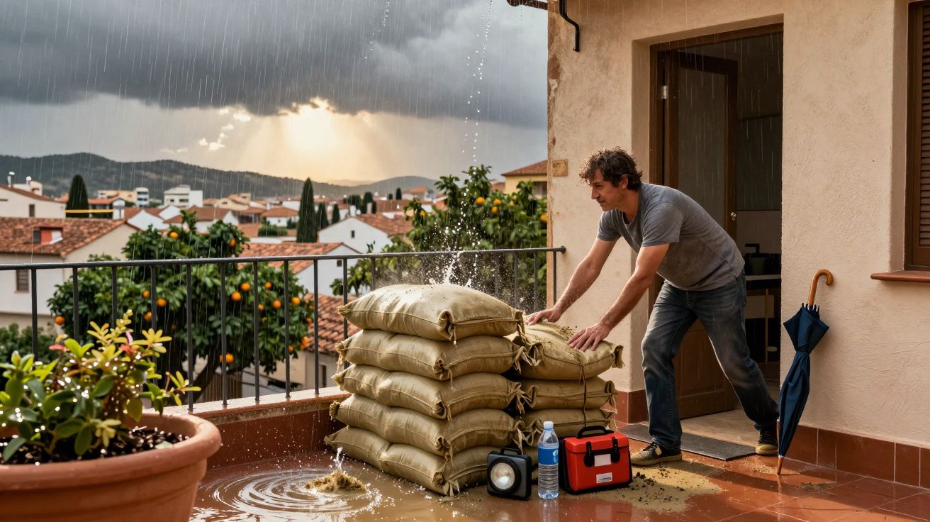 Homem coloca sacos de areia na varanda para proteger contra a chuva intensa em dia nublado.