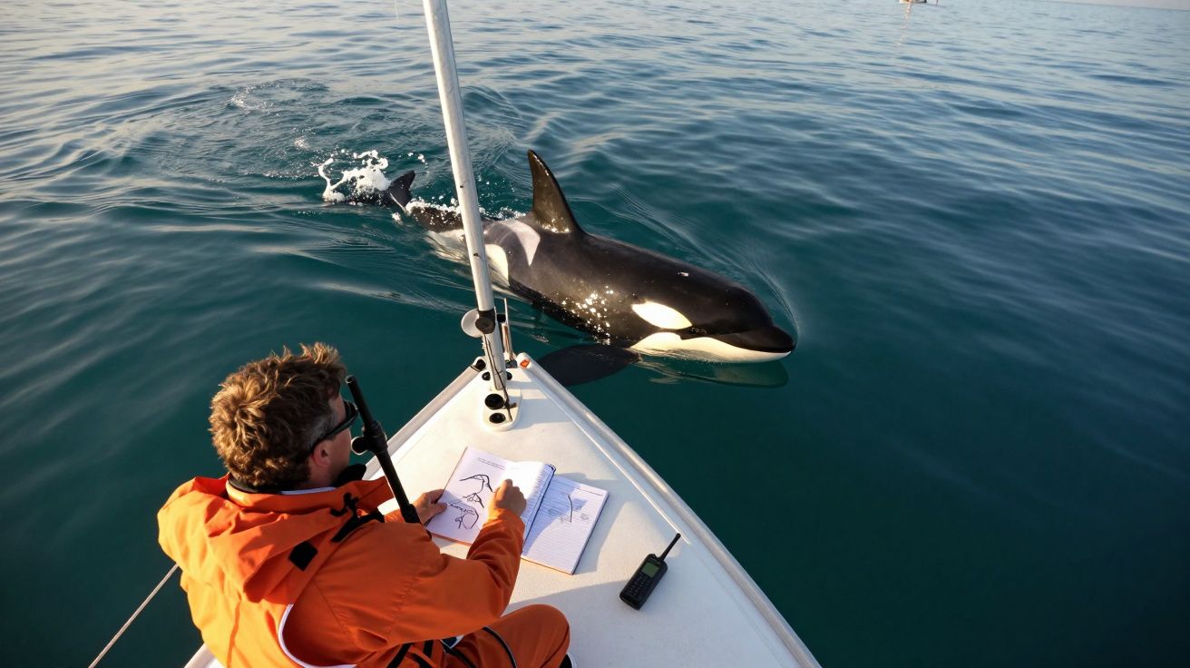 Homem num barco a desenhar uma orca que nada próxima da embarcação no mar calmo.