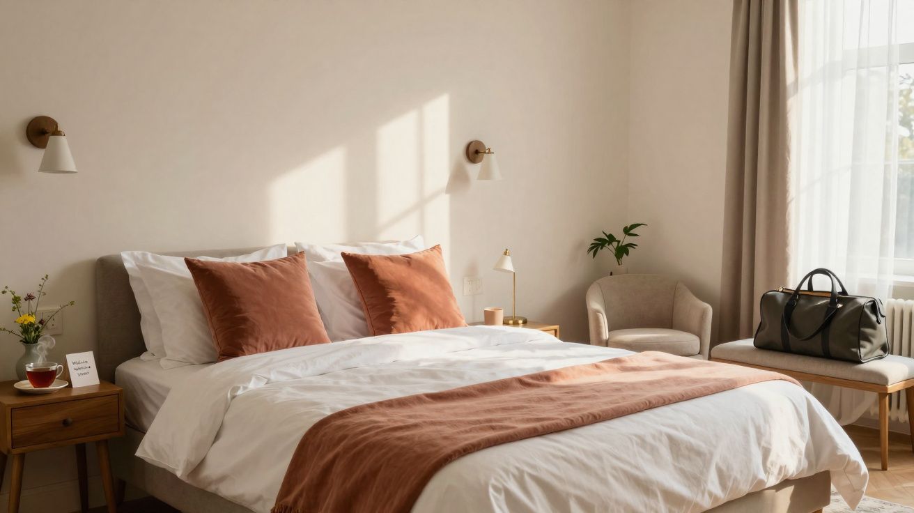 Quarto luminoso com cama de lençóis brancos e almofadas castanho-avermelhadas, cadeira e malas junto à janela.