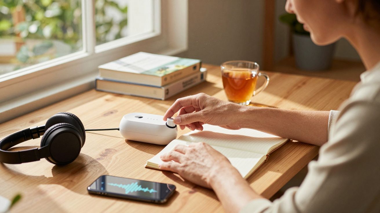 Pessoa ajusta dispositivo branco numa mesa com caderno, auscultadores, smartphone e chá junto à janela.