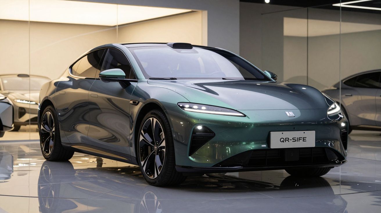 Carro elétrico desportivo verde num showroom com iluminação moderna e reflexos no chão.