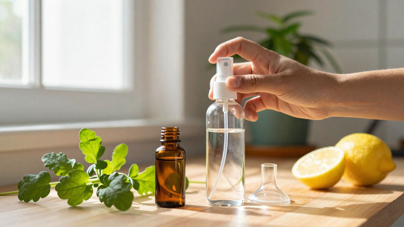Mão segurando frasco spray com líquido, próximo a limão cortado, ervas e frasco âmbar sobre mesa de madeira.