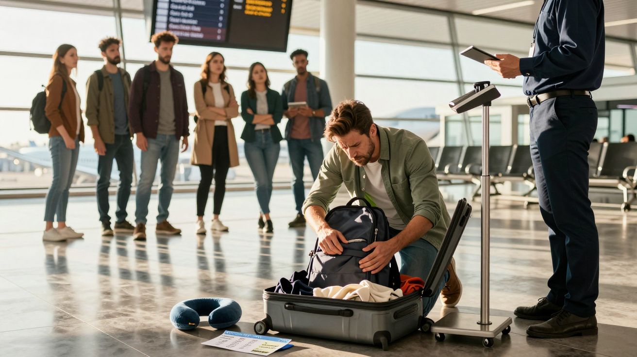 Passageiro abre mala para inspeção enquanto outras pessoas esperam numa fila no aeroporto.