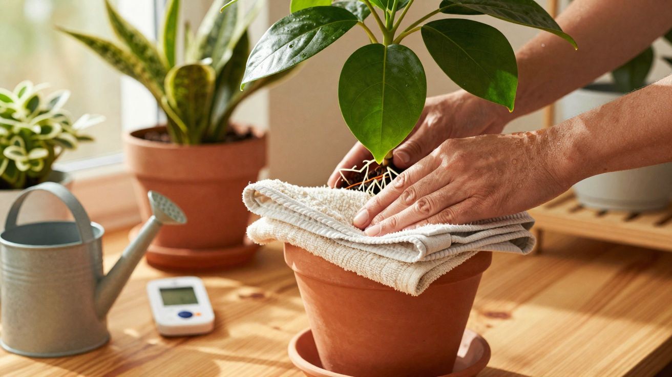 Mãos a cuidar de planta em vaso de barro com toalha, regador e outras plantas ao fundo na luz natural.