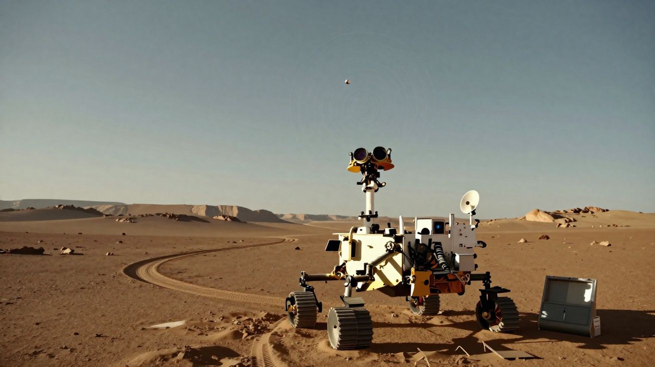 Rover exploratório num terreno desértico com céu limpo e trilhos na areia.