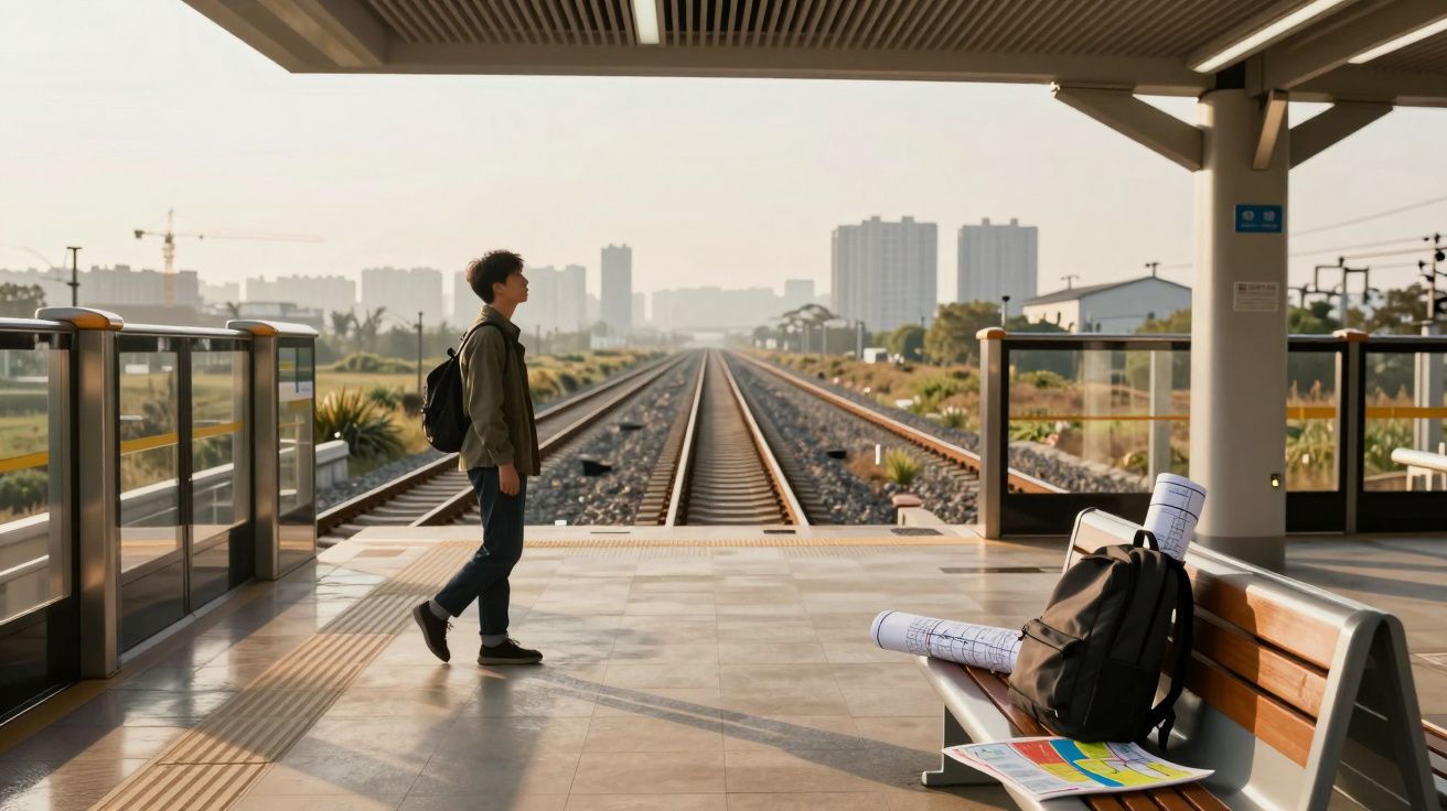 Homem de mochila espera na plataforma de estação ferroviária com trilhos e edifícios ao fundo.