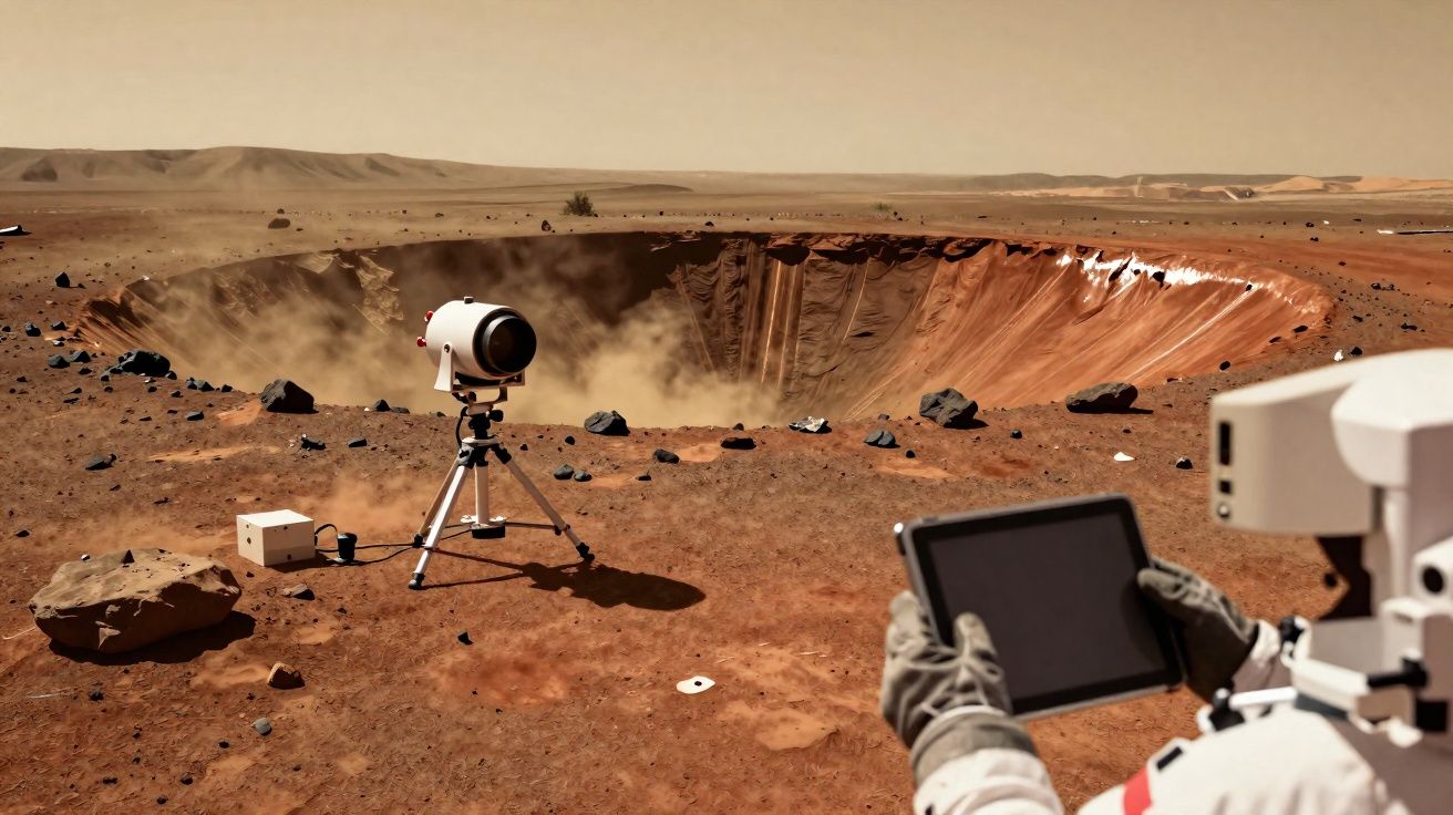 Astronauta com tablet observa equipamento científico perto de cratera num terreno vermelho árido, possivelmente Marte.