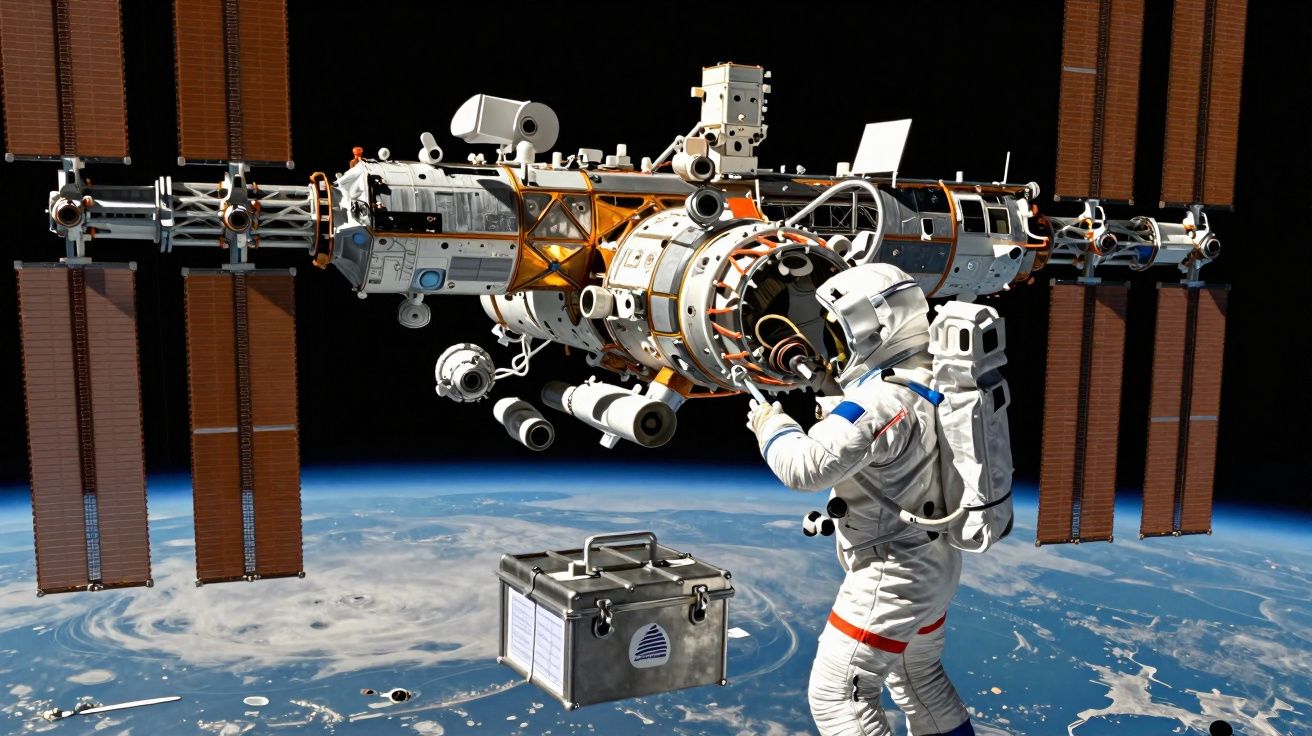 Astronauta em fato espacial a trabalhar numa estação espacial acima da Terra com vista para o planeta azul.
