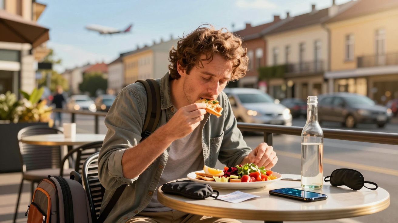 Homem jovem a comer pizza ao ar livre numa esplanada com prato de salada e garrafa de água na mesa.