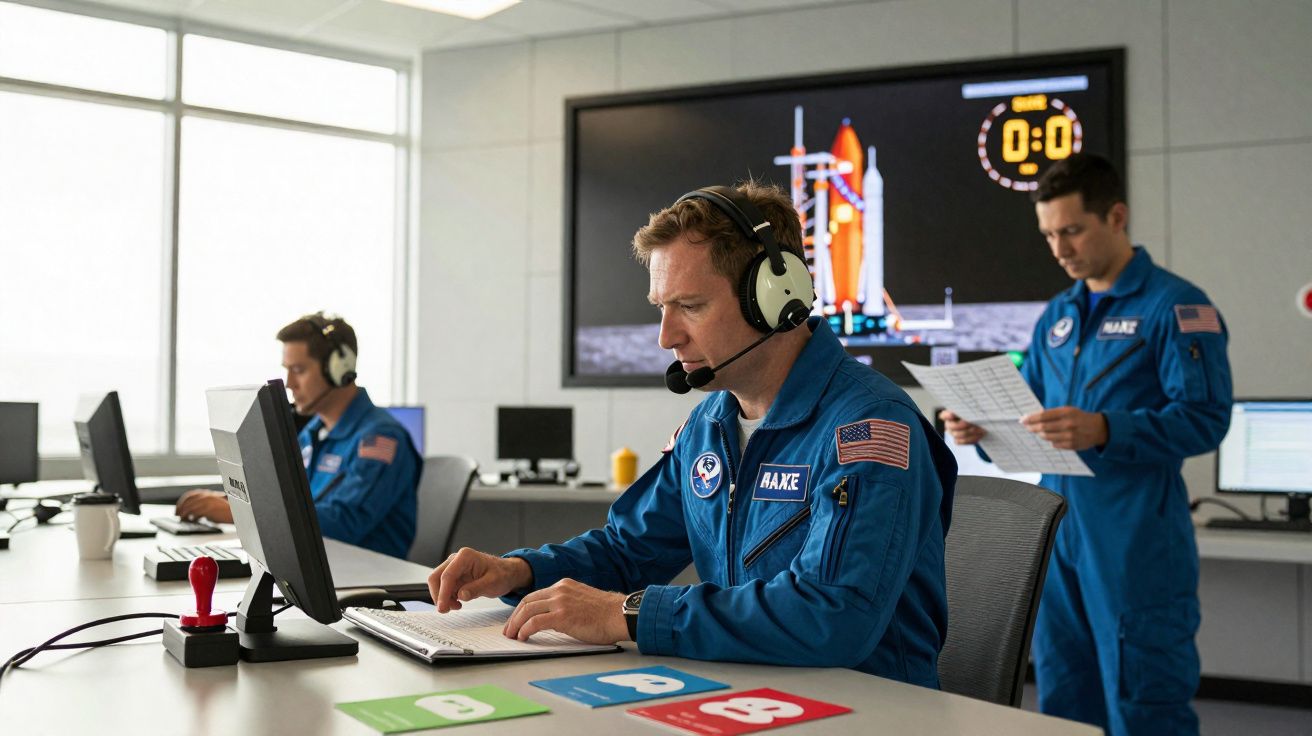 Três técnicos em fatos azuis com microfones trabalham em computador e analisam documentos numa sala de controlo espacial.
