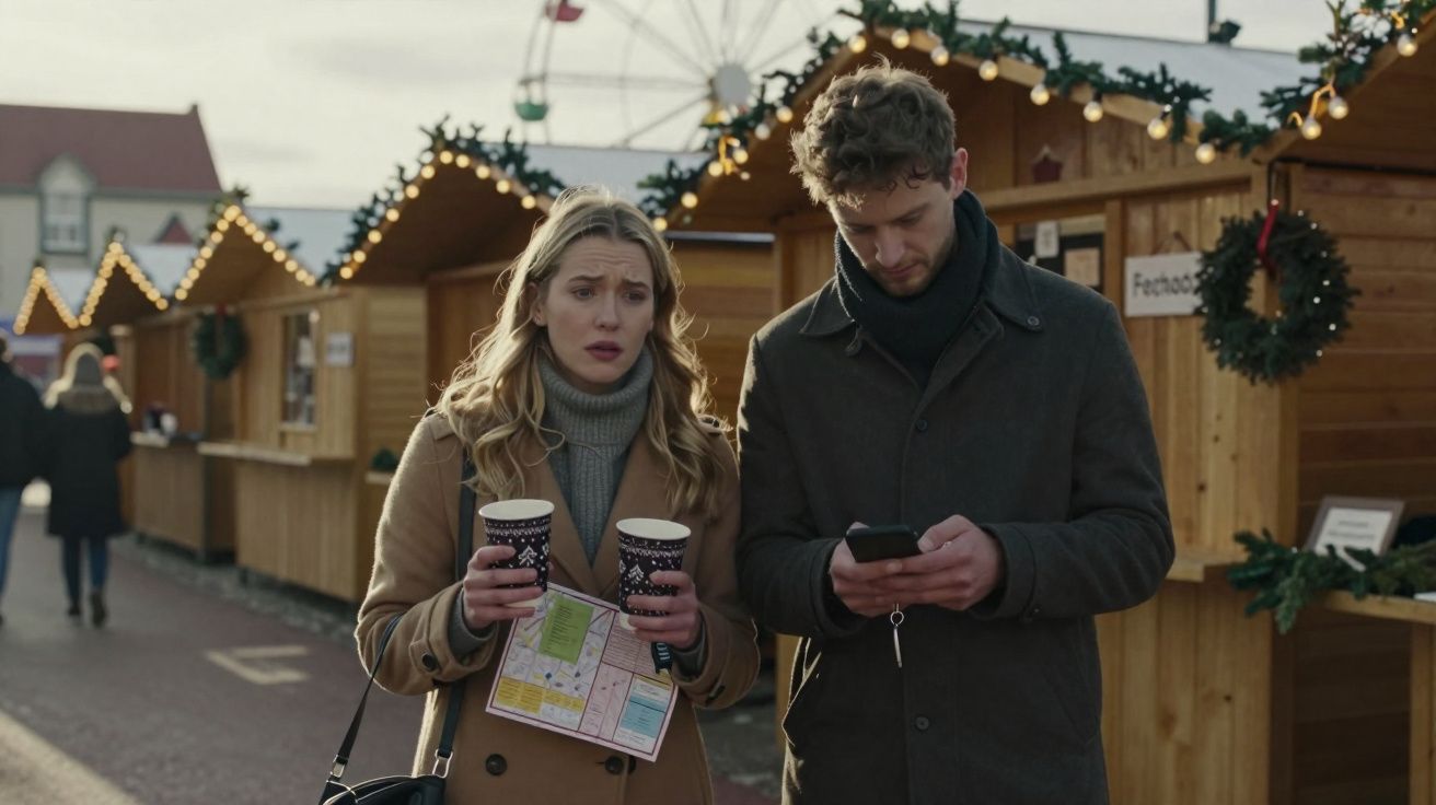 Casal jovem em mercado de natal ao ar livre segurando copos e mapa, com tendas e roda gigante ao fundo.