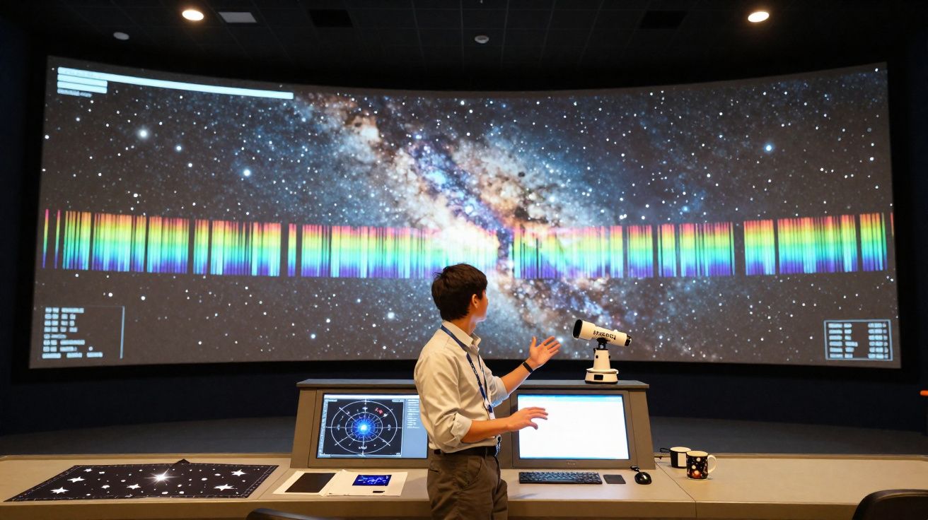 Homem apresenta espectro de luzes coloridas com imagem da Via Láctea num planetário moderno e escuro.