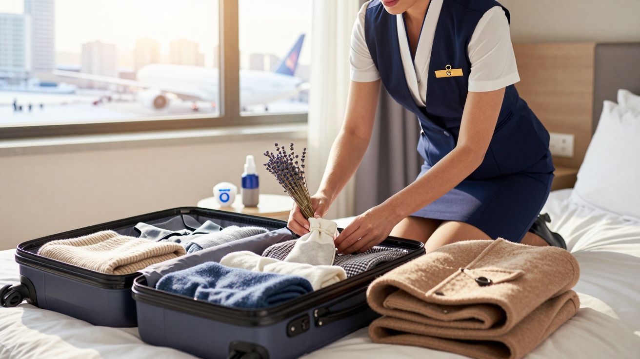 Funcionária de aeroporto a colocar ramo de flores em mala aberta sobre cama de hotel com roupas dobradas.