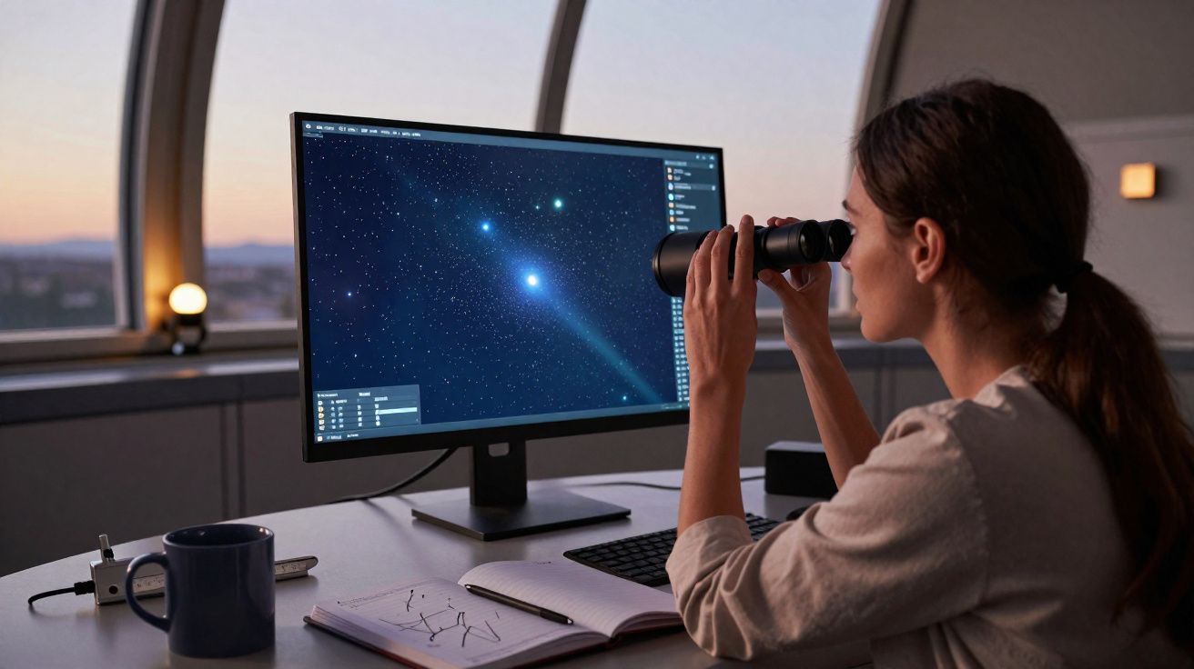 Mulher observa estrelas com binóculos enquanto olha para ecrã de computador com mapa estelar.