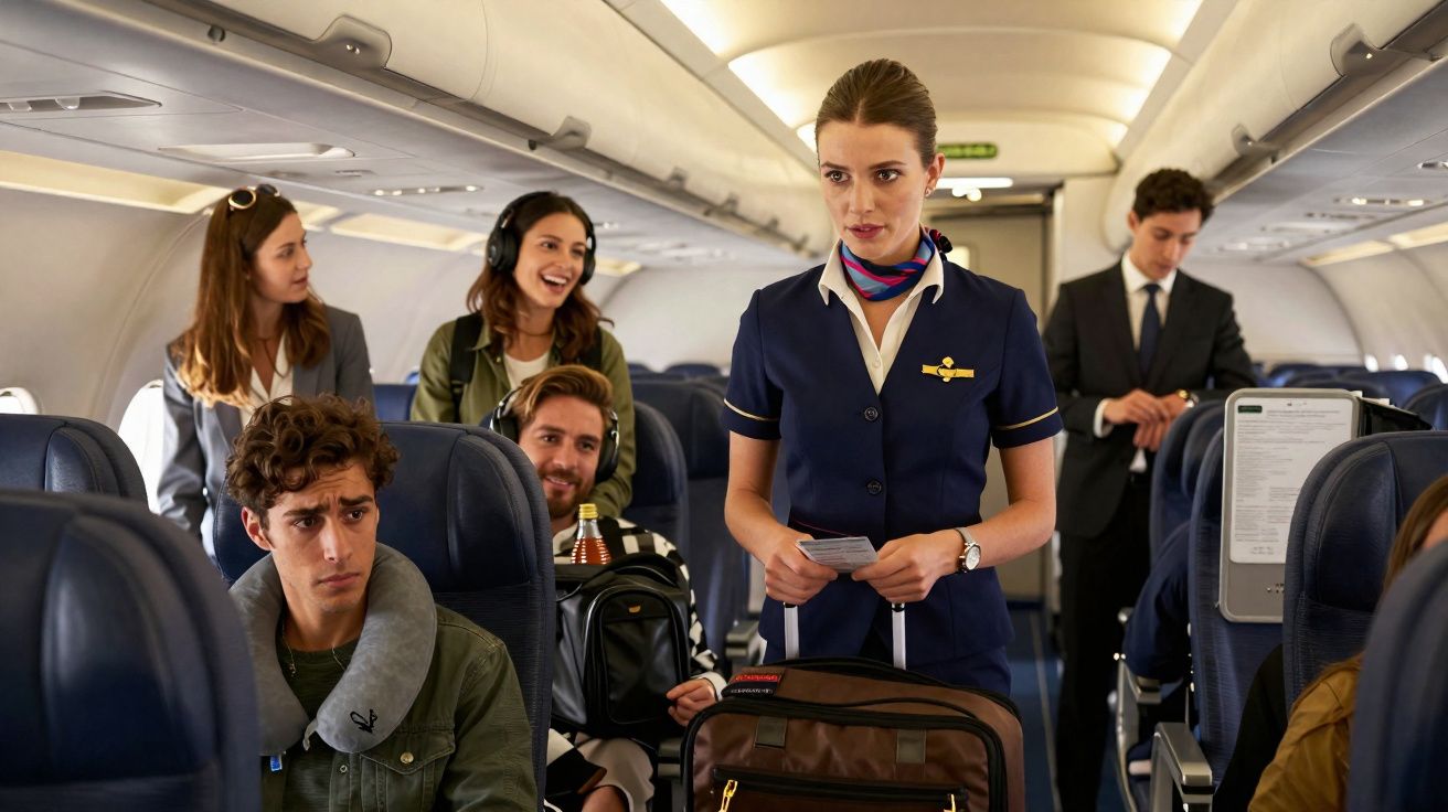 Comissária de bordo a assistir passageiros sentados durante voo em avião comercial.