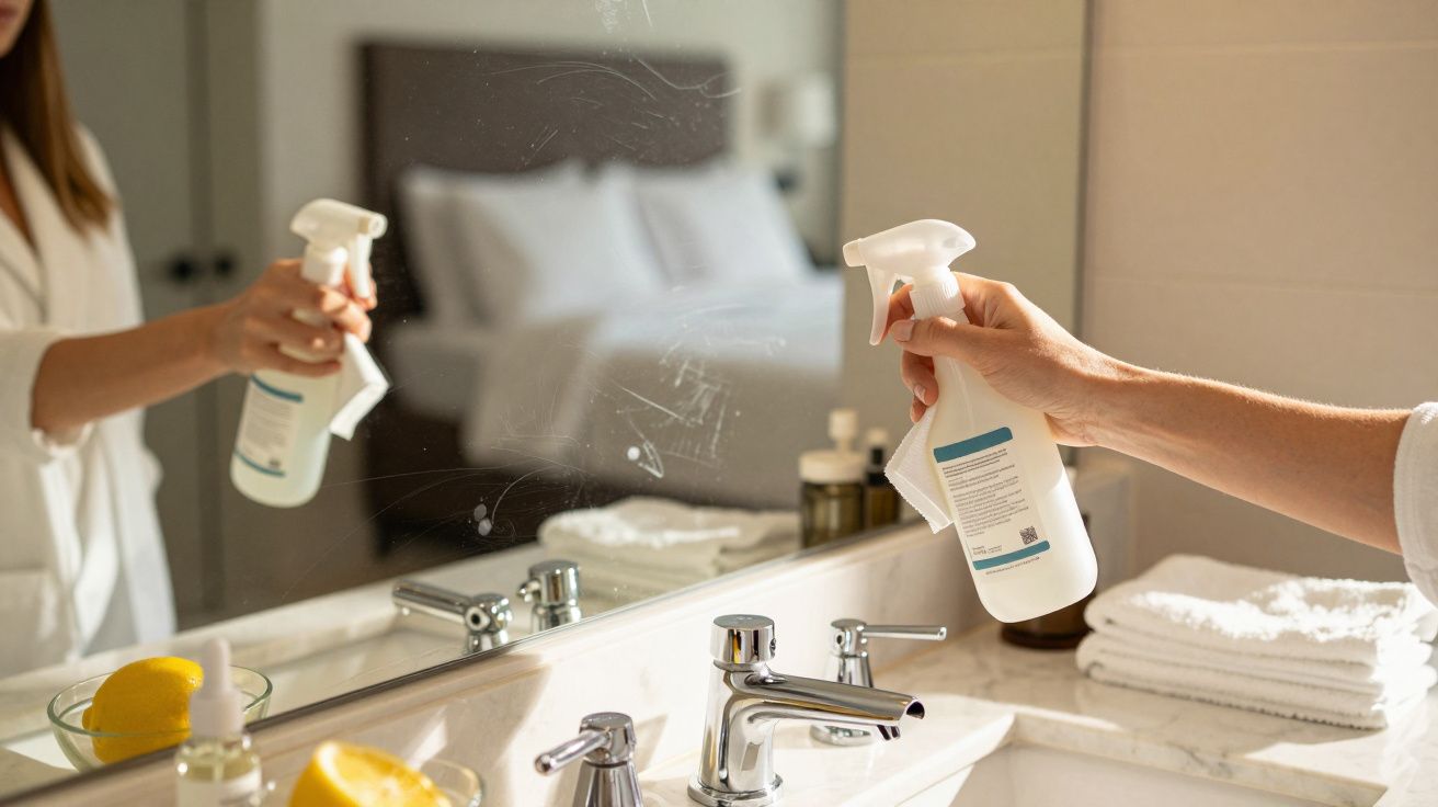 Pessoa a limpar um espelho de casa de banho com spray desinfetante e pano branco, bancada com torneira e toalhas.