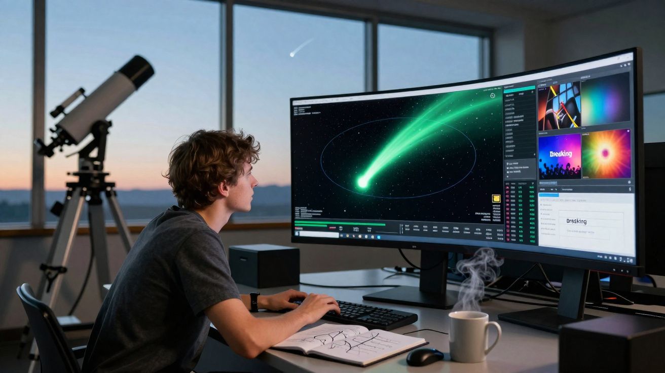 Jovem observa e interage com simulação de cometa num ecrã ultrawide, com telescópio ao fundo ao pôr do sol.