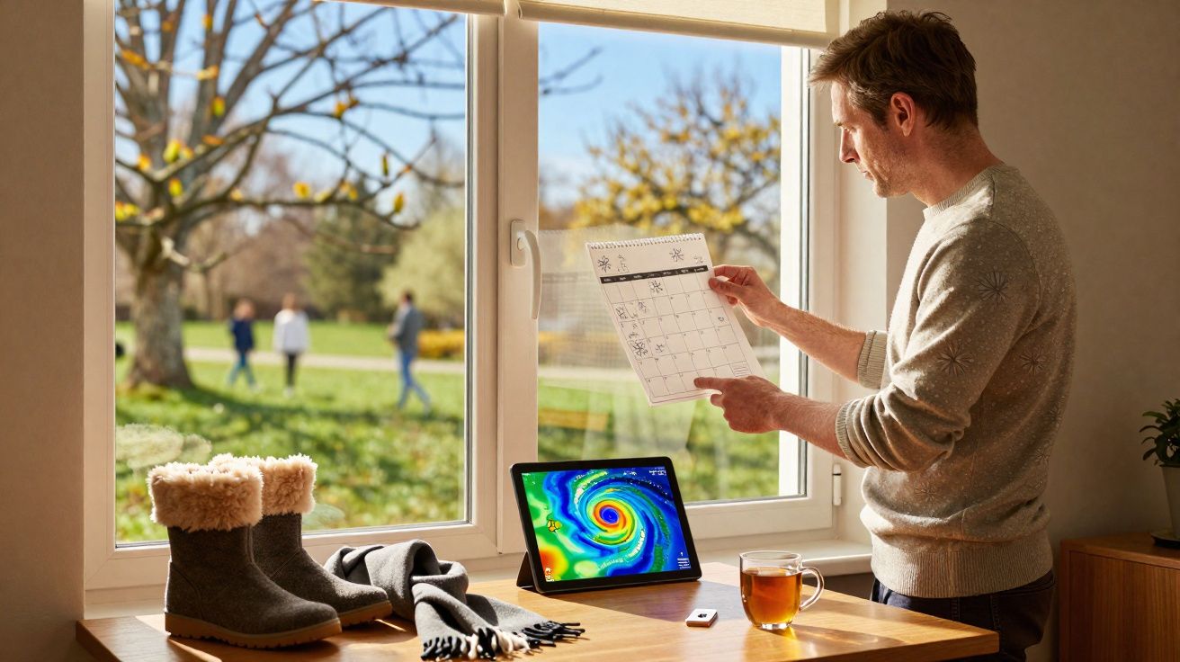 Homem verifica calendário enquanto observa imagem de furacão em tablet, junto a botas, cachecol e chá à janela.