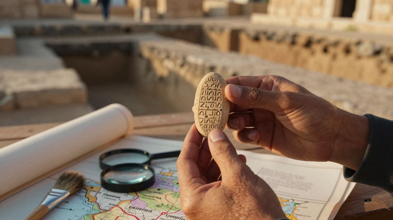 Mãos seguram antigo artefacto com inscrições, em foco, sobre mapa, pincel e lupa, numa escavação arqueológica.