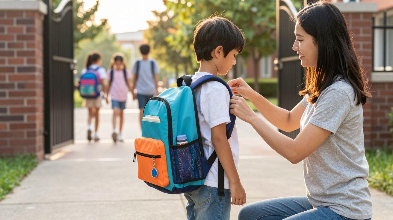 Mãe ajusta mochila de criança antes de entrar na escola, com outras crianças a caminhar ao fundo.