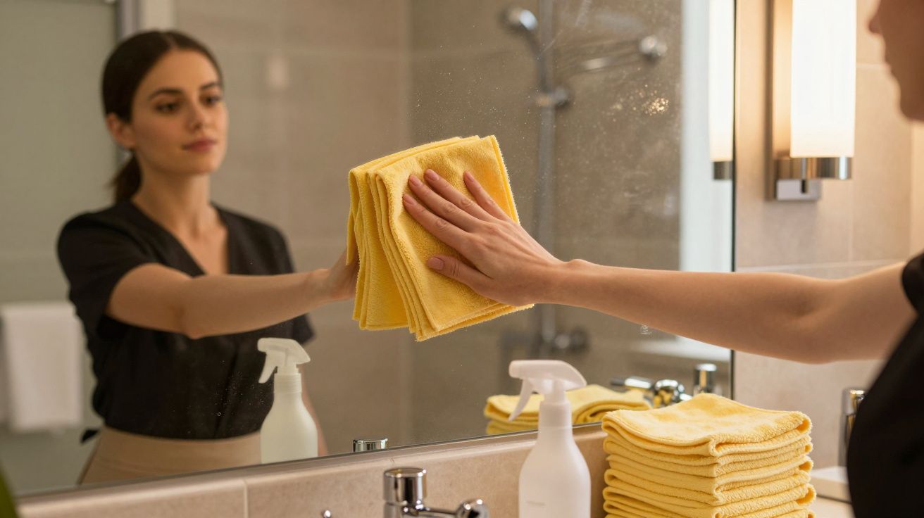 Mulher a limpar espelho de casa de banho com pano amarelo, garrafa de spray e toalhas amarelas visíveis.