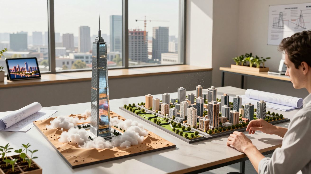 Pessoa a analisar maquetes arquitetónicas de arranha-céus e zona urbana num escritório com vista para a cidade.