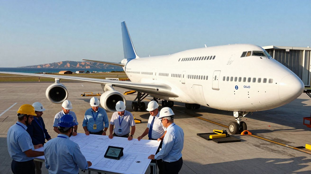 Grupo de técnicos com capacetes a analisar plantas perto de avião estacionado numa pista de aeroporto.