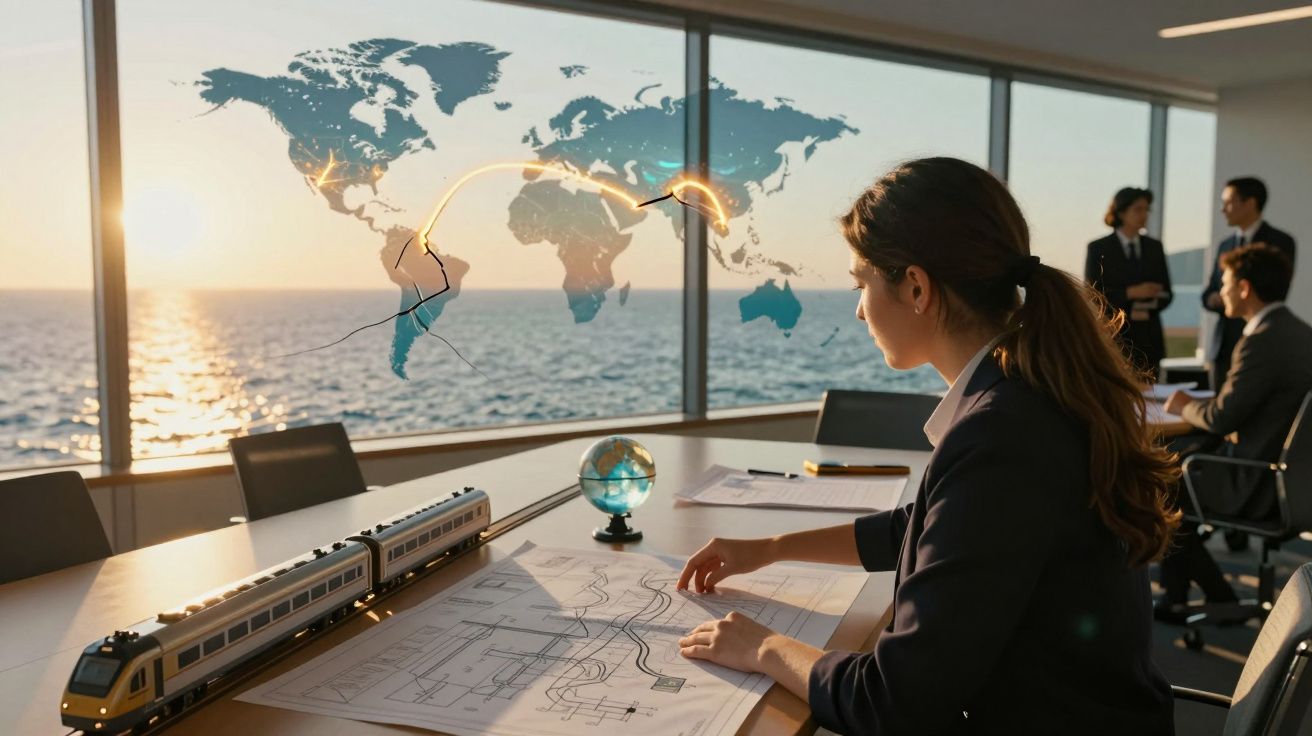 Mulher a analisar planos de transportes enquanto projeta ligação global num escritório com vista para o mar.