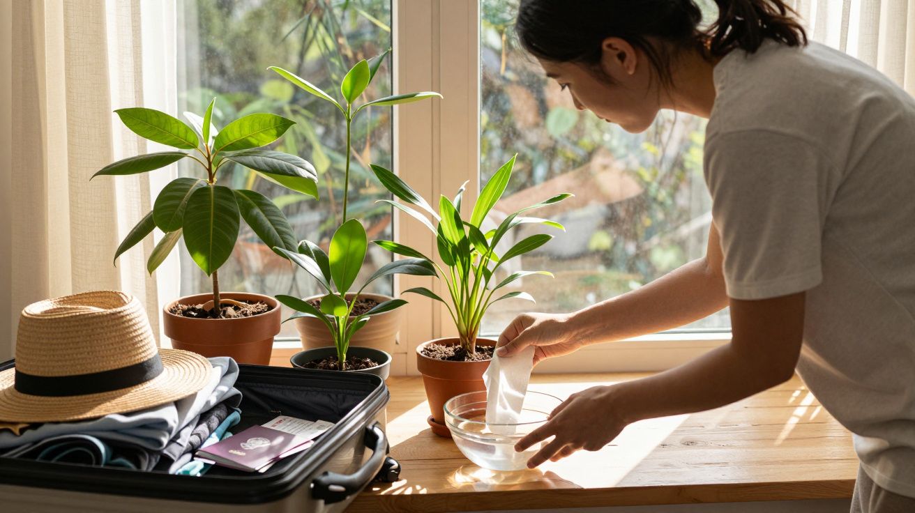 Pessoa a regar plantas em vasos junto a uma janela, com mala aberta e chapéu numa mesa de madeira.