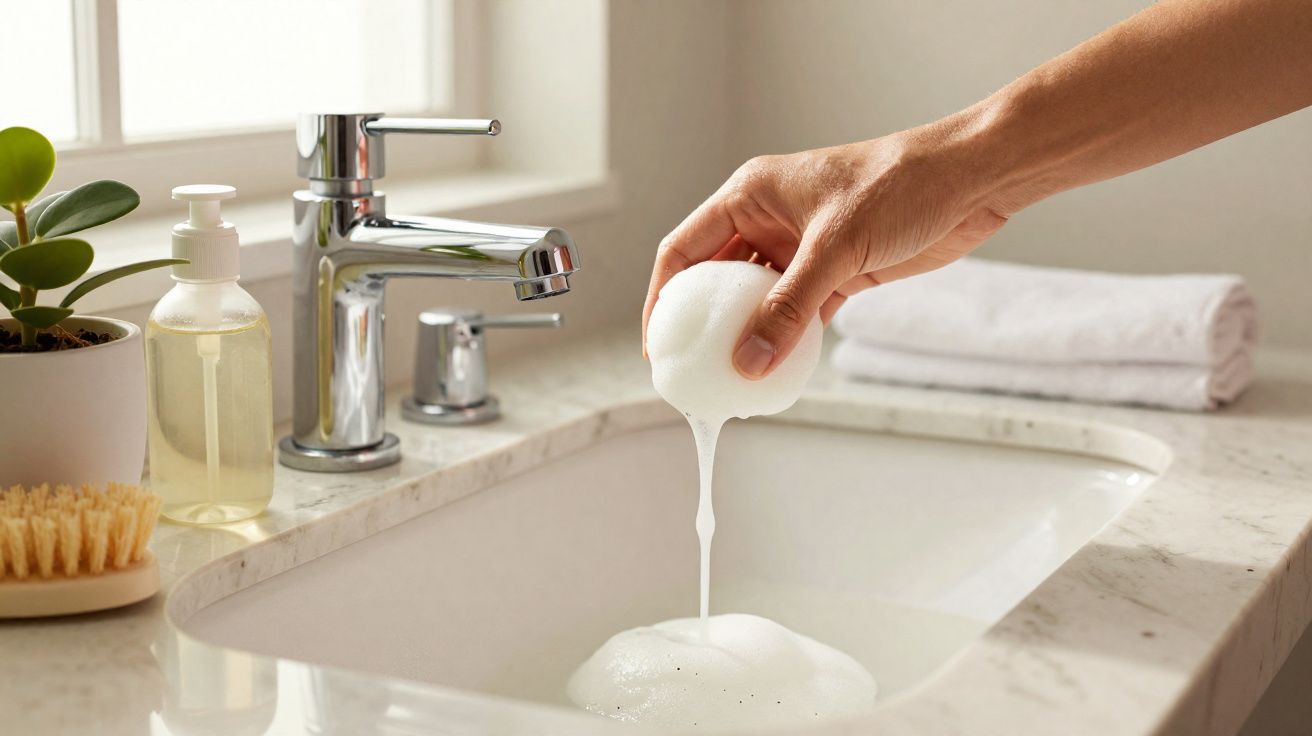 Mão segurando espuma de sabão sobre lavatório branco com torneira e planta na casa de banho.